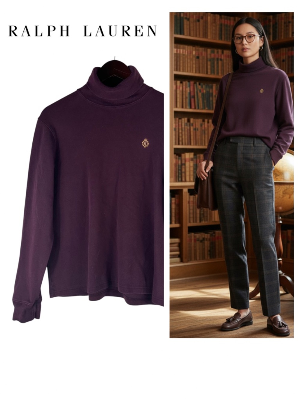 Vtg 90s Ralph Lauren Turtleneck Shirt Top Large 12 14 Maroon Eggplant Academia